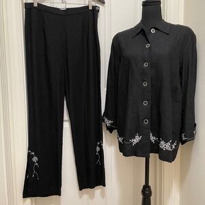 ISC Linen Blend Pants & Top Set Floral Embroidery Black & White Coastal Resort M